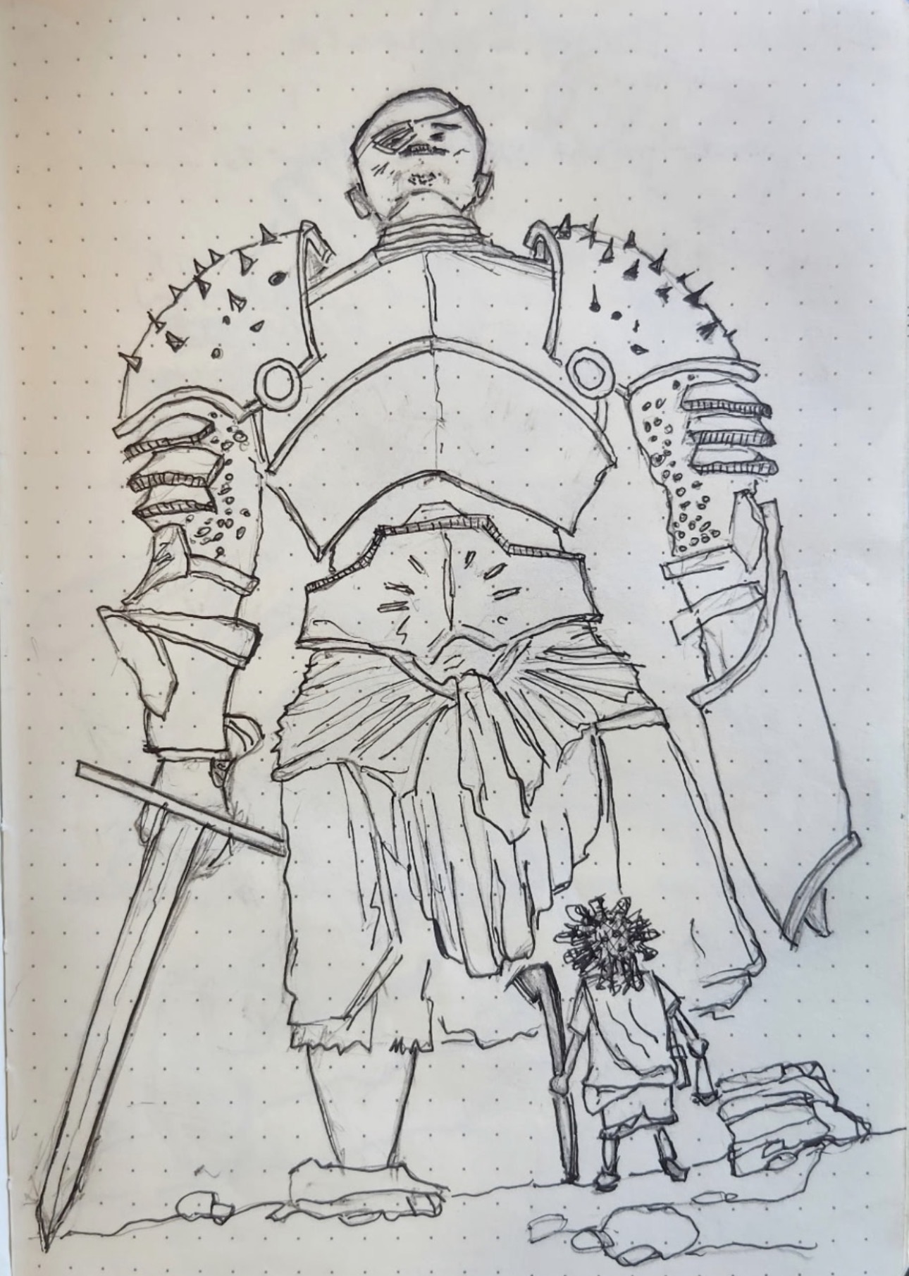 Original pencil sketch by Ivann C. Anderson: an armored warrior with a sword standing beside a small child