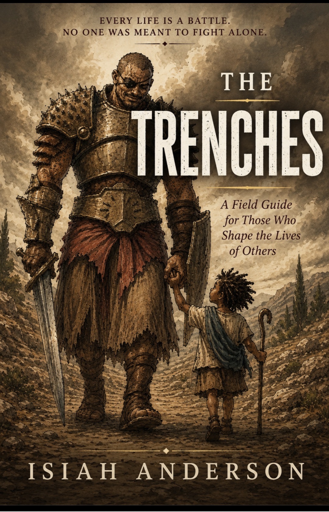The Trenches book cover: an armored warrior walking a rocky trench path hand in hand with a child