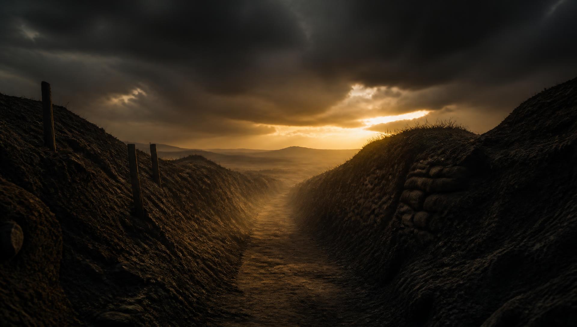 A dirt trench path with warm light breaking through dark clouds at dusk